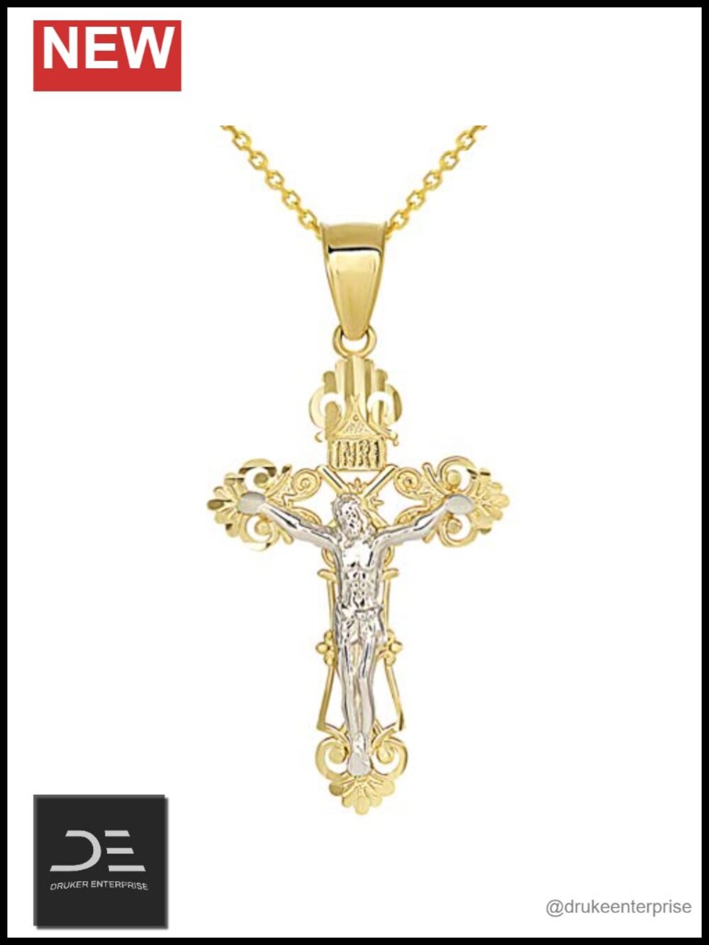 14K Two-Tone Gold Roman Catholic Cross Crucifix Pendant Necklace